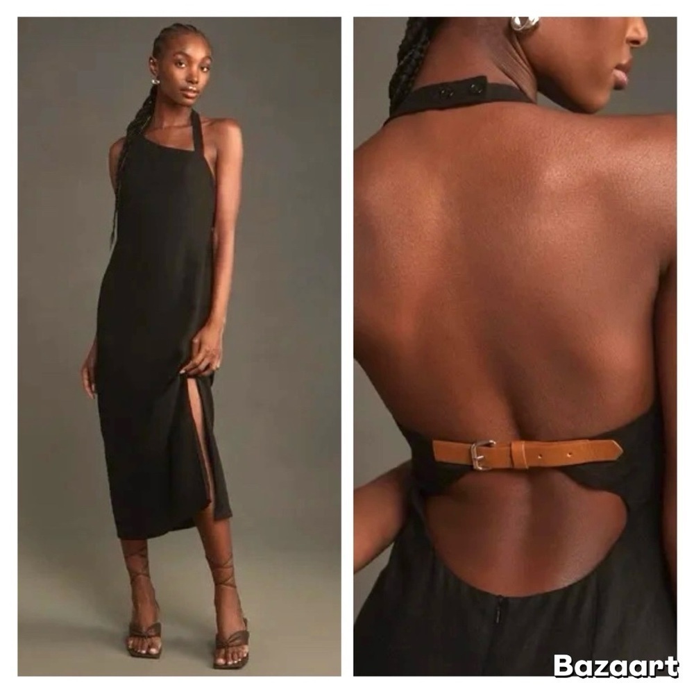 NWT Anthropologie Linen Asymmetrical Halter Belt Back Column Midi Dress Sz XL - Picture 3 of 11